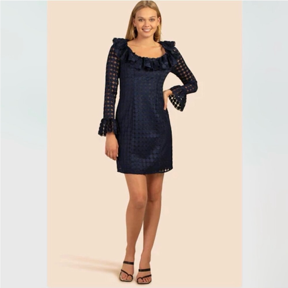 Trina Turk Marisa Dress - Ink blue Size 2 long sleeve - ruffle fun flirty EUC